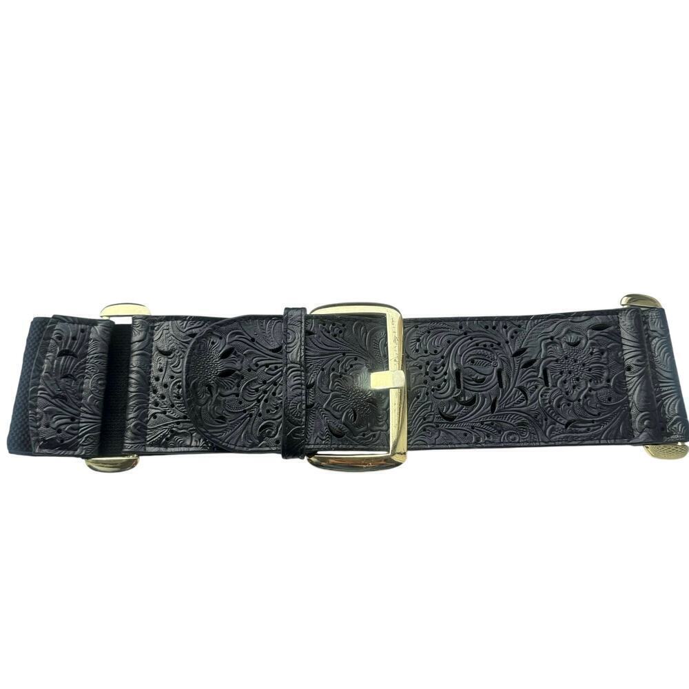 A|Wear Y2K Black Tooled Leather Stretch Waist Belt M/L Gold Buckle Western Boho - Picture 1 of 8